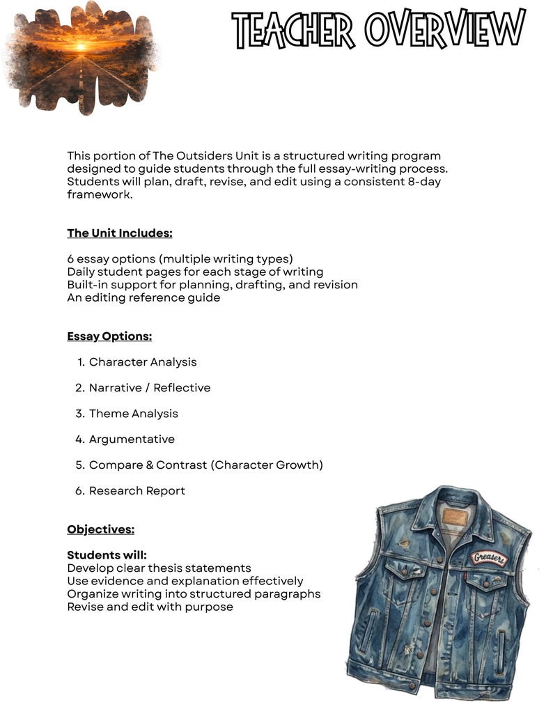May include: A digital educational resource titled "Teacher Overview" with text describing an essay-writing program. The image includes a denim vest with the word "Greasers" on a patch. The program includes essay options and objectives for students.
