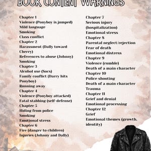 May include: A book content warnings page with a black leather jacket graphic. The text lists warnings for violence, smoking, emotional stress, and other mature themes across multiple chapters. The background has a watercolor effect.