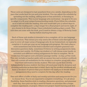 May include: A tan-colored page with the title "HOW TO USE THIS UNIT" in large, bold, dark blue letters. The text describes a language arts curriculum for homeschooling, including reading, activities, and assignments. It also mentions a teacher guide and student workbook.