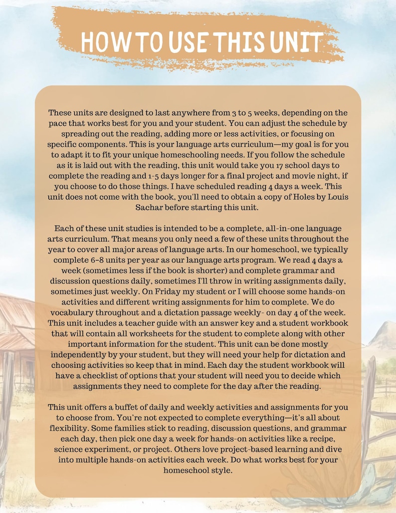 May include: A tan-colored page with the title "HOW TO USE THIS UNIT" in large, bold, dark blue letters. The text describes a language arts curriculum for homeschooling, including reading, activities, and assignments. It also mentions a teacher guide and student workbook.