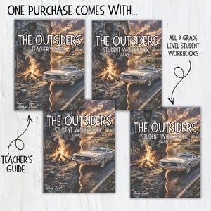 May include: A collection of educational materials for the book "The Outsiders." Includes a teacher's guide and three student workbooks for grades 7, 8, and 9. Each cover features a vintage car and a bonfire scene. The text "One purchase comes with..." is at the top.