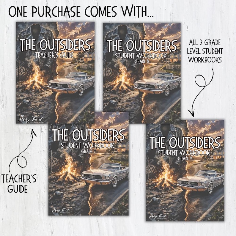 May include: A collection of educational materials for the book "The Outsiders." Includes a teacher's guide and three student workbooks for grades 7, 8, and 9. Each cover features a vintage car and a bonfire scene. The text "One purchase comes with..." is at the top.
