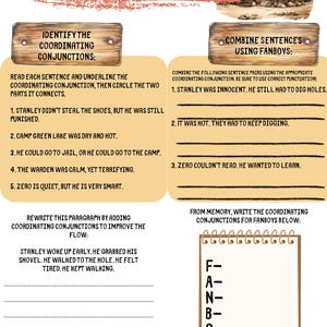 May include: Educational worksheet on coordinating conjunctions. The lesson includes identifying conjunctions in sentences, combining sentences using FANBOYS, and rewriting a paragraph. The worksheet has a rustic wooden theme.