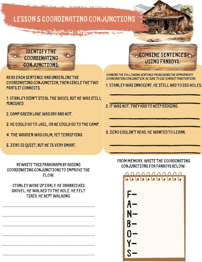 May include: Educational worksheet on coordinating conjunctions. The lesson includes identifying conjunctions in sentences, combining sentences using FANBOYS, and rewriting a paragraph. The worksheet has a rustic wooden theme.