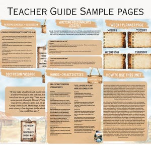 May include: Teacher guide sample pages with text and illustrations. The pages include reading schedules, writing assignments, and hands-on activities. The text includes the phrase "Dictation is scheduled on day 4 of each week."