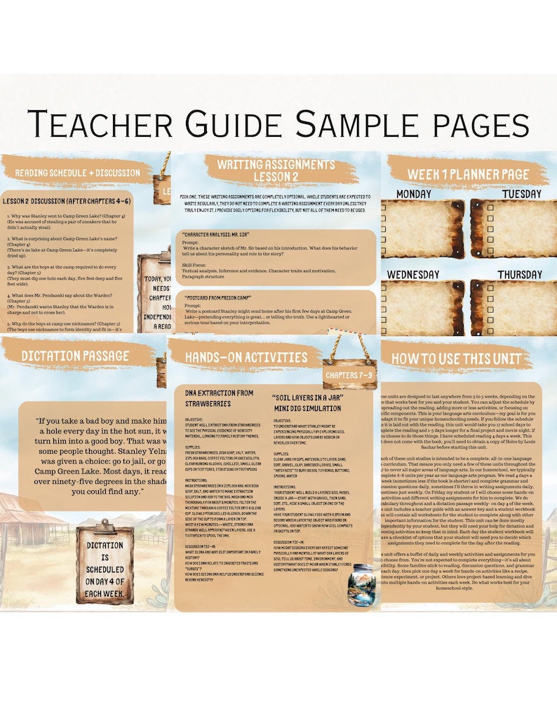 May include: Teacher guide sample pages with text and illustrations. The pages include reading schedules, writing assignments, and hands-on activities. The text includes the phrase "Dictation is scheduled on day 4 of each week."