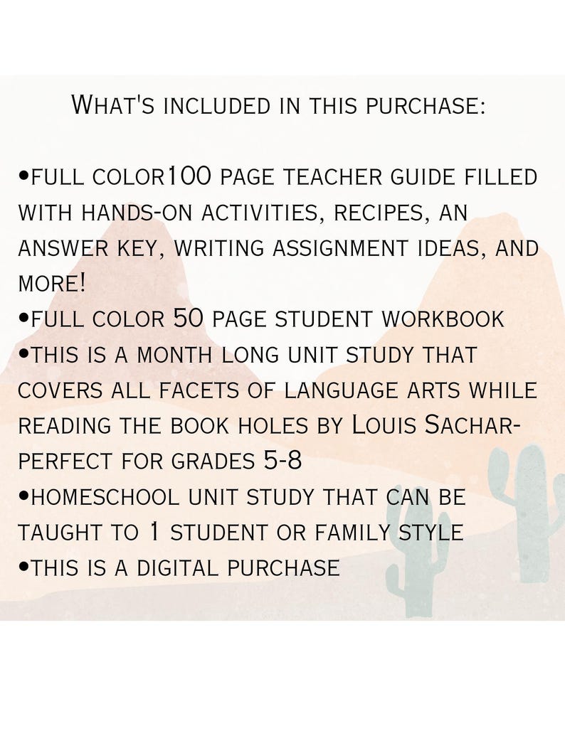 May include: A digital download with text that reads "WHAT'S INCLUDED IN THIS PURCHASE:" followed by a list of items. Includes a 100-page teacher guide, a 50-page student workbook, and a unit study for grades 5-8.