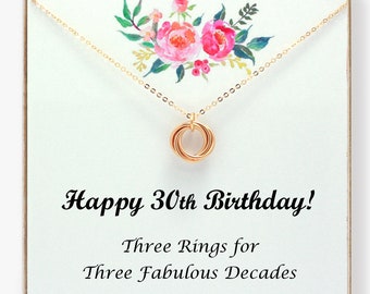 30th Birthday Gift For Her, 30 Birthday Gift For Women, 30th Birthday Necklace On Card, Gift For Sister, Gift For Friend, 3 Rings Necklace