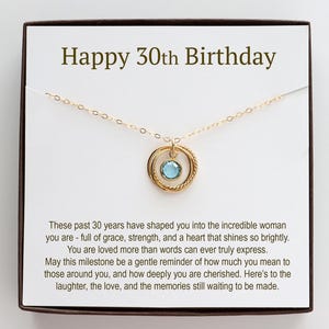 Cadeau 30e anniversaire pour elle, 3 bagues en or 14 carats, collier en argent sterling, étape importante, collier personnalisé avec pierre de naissance