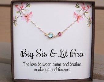 Personalized Birthstone Big Sister and Little Brother Necklace, Birthstone Necklace Gift For Sister Birthday, Christmas Gifts , Birth Stones
