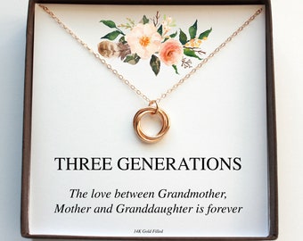 Three Generations Necklace Gift For Mom From Daughter, Christmas Gift For Grandma From Granddaughter, 60th Birthday For Women Jewelry Gold