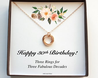 30th Birthday Gift For Her, 30 Birthday Gift For Women, Decades Necklace, Three Rings Three Decades, Interlock Rings, Thirty Birthday Gift