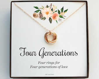 Four Generations Necklace - Christmas Gifts for Women - Birthday Gift - Keepsake Family Jewelry For Mom Grandma Daughter - 14K Gold - Silver