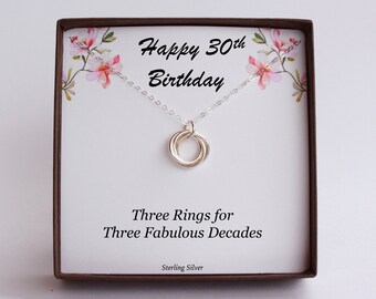 30th Birthday Gift Necklace For Women, 30 Birthday Jewelry, Gift For Sister Best Friend Cousin Daughter Thirty Birthday Three 3 Rings Smooth