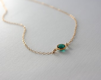 Emerald green crystal necklace - gold filled chain - small dainty gold necklace, simple everyday jewelry, bridesmaid gifts, emerald necklace