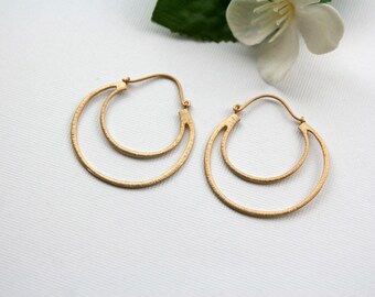 Crescent moon hoop earrings, Half moon earrings, Gold double layer half circle earrings