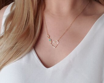 Personalized Birthstone Necklace Birthday Gift For Her , Personalized Gift Custom Necklace , Crystal Stone Necklace, Heart Necklace Gold