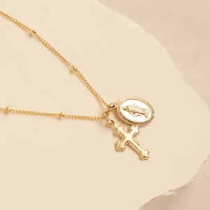 Virgin Mary Necklace with Cross, Miraculous Pendant, Dainty Catholic Necklace, Religious Necklace, Baptism, 14k Gold Filled, Sterling Silver