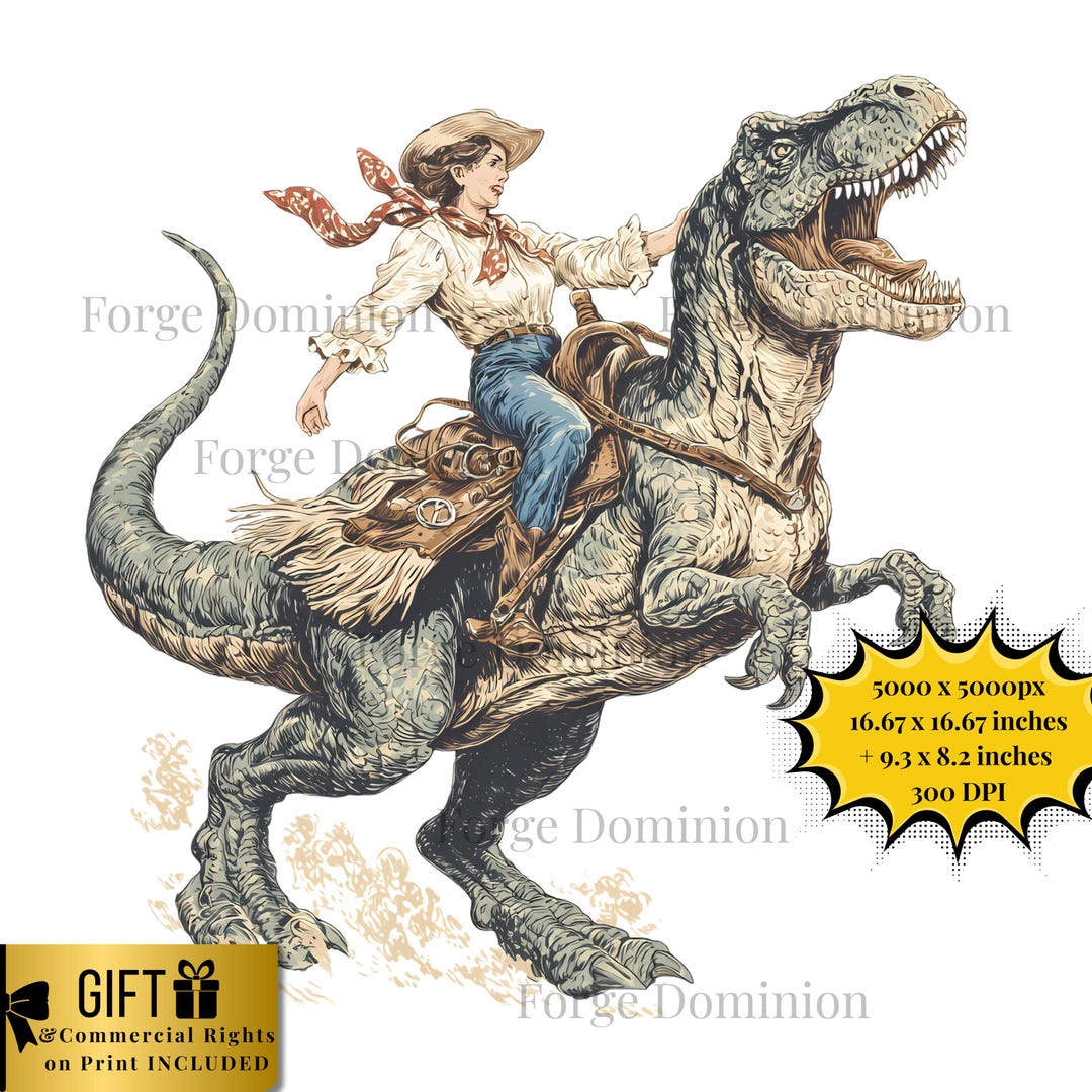 Funny Cowgirl Riding Dinosaur PNG: Rodeo T-rex Clipart (digital ...