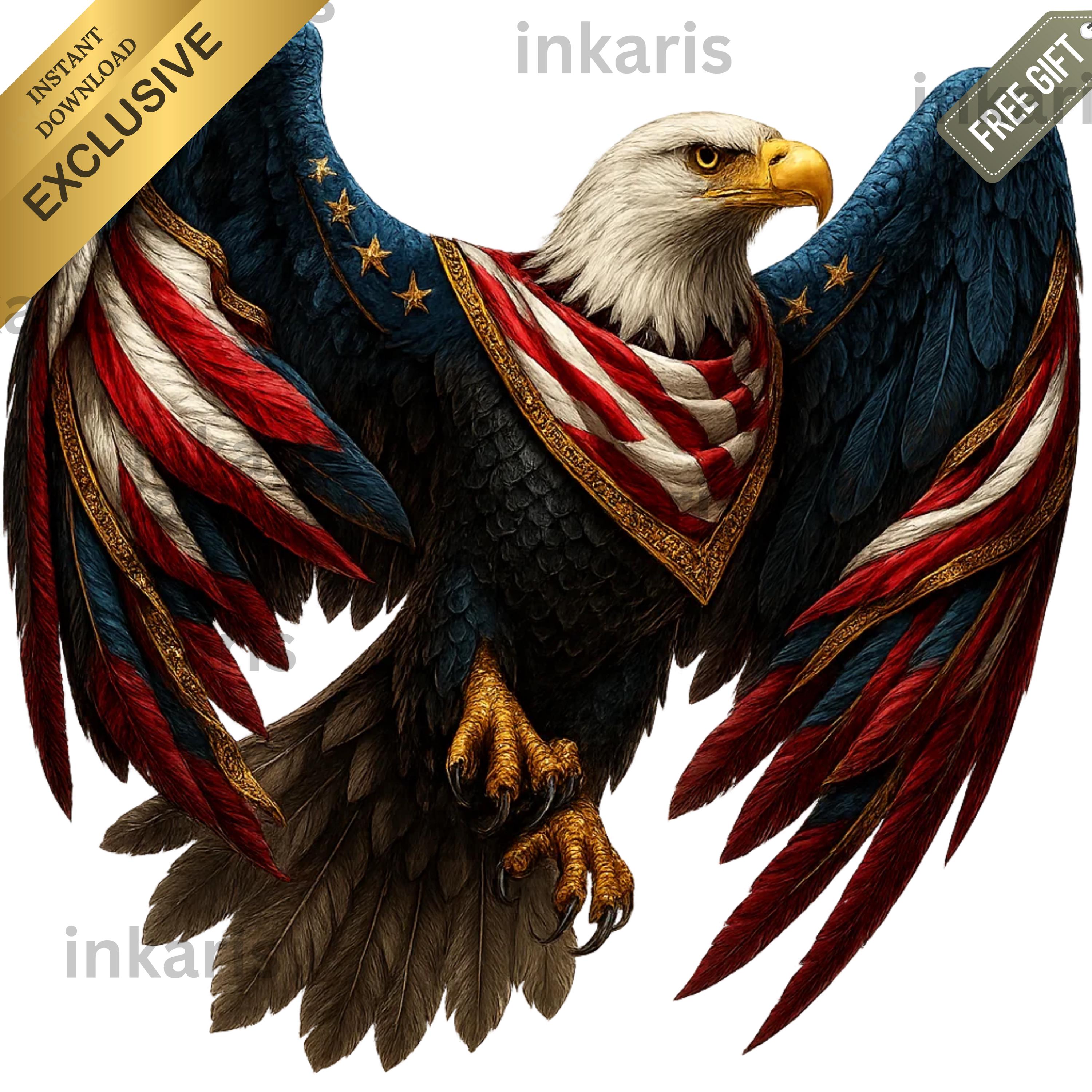 American Eagle PNG – Bald Eagle with USA Flag Cloak, Patriotic Sublimation, 4th of July Shirt Design, High-Res Instant Download