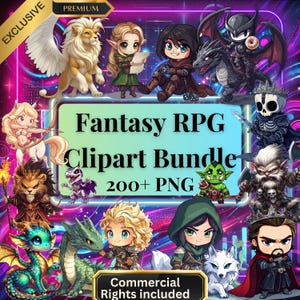 May include: A colorful digital clipart bundle featuring over 200 fantasy RPG characters, creatures, and objects. The clipart includes a variety of characters, including elves, humans, dragons, and monsters. The clipart is perfect for use in games, websites, and other creative projects.