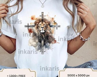 Lion of Judah PNG • Watercolor Christian Cross, Faith Design (Commercial Use)