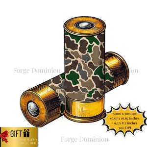 May include: Two shotgun shells with a camouflage pattern in green, brown, and gray. The shells have gold-colored bases and tops. The image includes the text "Forge Dominion" and a gift box icon.