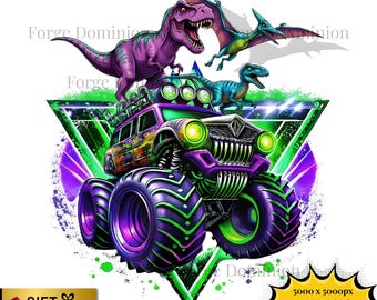 May include: A vibrant illustration of a monster truck with large purple tires and green accents. The truck is adorned with a dinosaur theme, featuring a purple T-Rex, a blue dinosaur, and a pterodactyl. The background includes a green and purple geometric design.