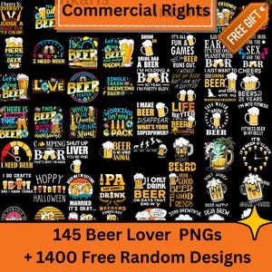Può includere: Una collezione di 145 grafiche PNG a tema birra con vari design e frasi, tra cui "Ho bisogno di birra", "La birra è il mio spirito animale" e "Beer Happy!" L'immagine include anche il testo "+ 1400 Free Random Designs."