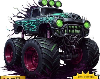 May include: A digitally created monster truck with a menacing design. The truck features large tires with red rims, a black body with green accents, and glowing green headlights. The image includes text indicating commercial rights.