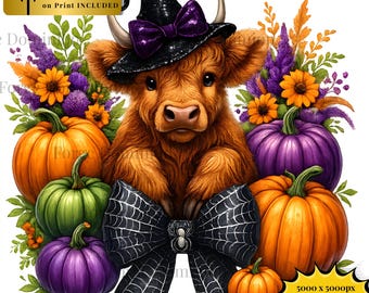May include: A charming illustration of a Highland cow adorned with a witch's hat and a spiderweb bow. The cow is framed by orange, green, and purple pumpkins and flowers, ideal for Halloween or autumn decorations.