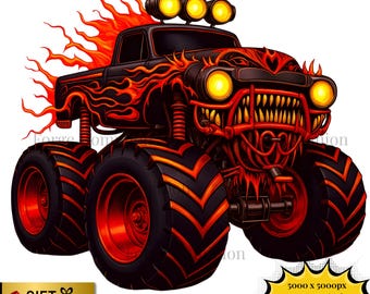 May include: A black monster truck illustration with red and orange flame details. The truck has large tires, a menacing front grille, and three yellow lights on top. The image includes text that says "GIFT Commercial Rights on Print INCLUDED" and "Forge Dominic".