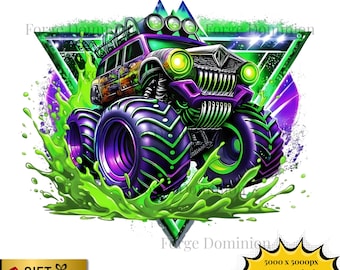 Monster Truck Neon Green PNG – Watercolor Splash Shirt Clipart (Instant Download)