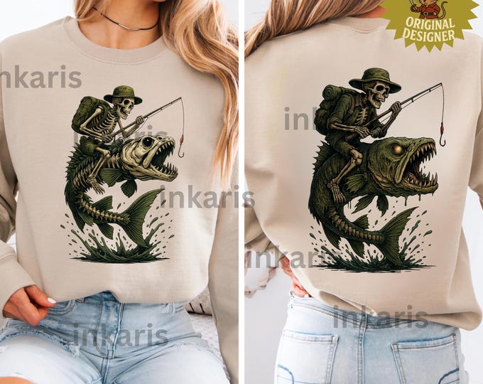 Skeleton Riding Fish PNG – Gothic Fishing Clipart Sublimation | Dark ...