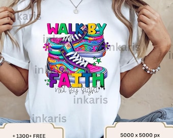 Peut inclure: T-shirt blanc avec un motif graphique coloré de baskets et le texte "WALK BY FAITH not by sight".