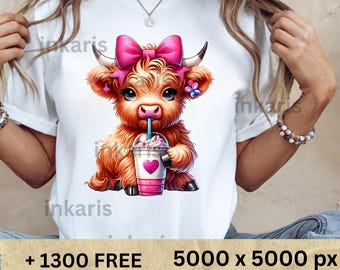 May include: A white t-shirt with a cartoon illustration of a brown and white Highland cow wearing a pink bow and drinking a pink milkshake with a heart on the side. The text '+ 1300 FREE DESIGNS | GIFT 5000 x 5000 px 300 dpi' is printed at the bottom of the image.