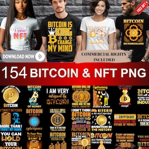 Op de afbeelding: Een promotieafbeelding met vier mensen die t-shirts dragen met Bitcoin-gerelateerde ontwerpen en tekst. De afbeelding bevat ook verschillende Bitcoin- en NFT-afbeeldingen, samen met de tekst "154 Bitcoin & NFT PNG".
