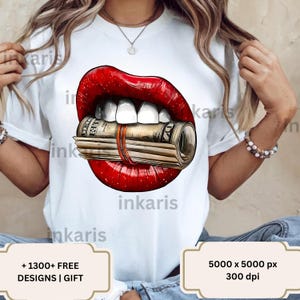 Money Lips PNG • Red Glossy Lips with Cash Clipart • 5K Sublimation Design for Shirts • Bold Pop Art Printable • Commercial Use PNG