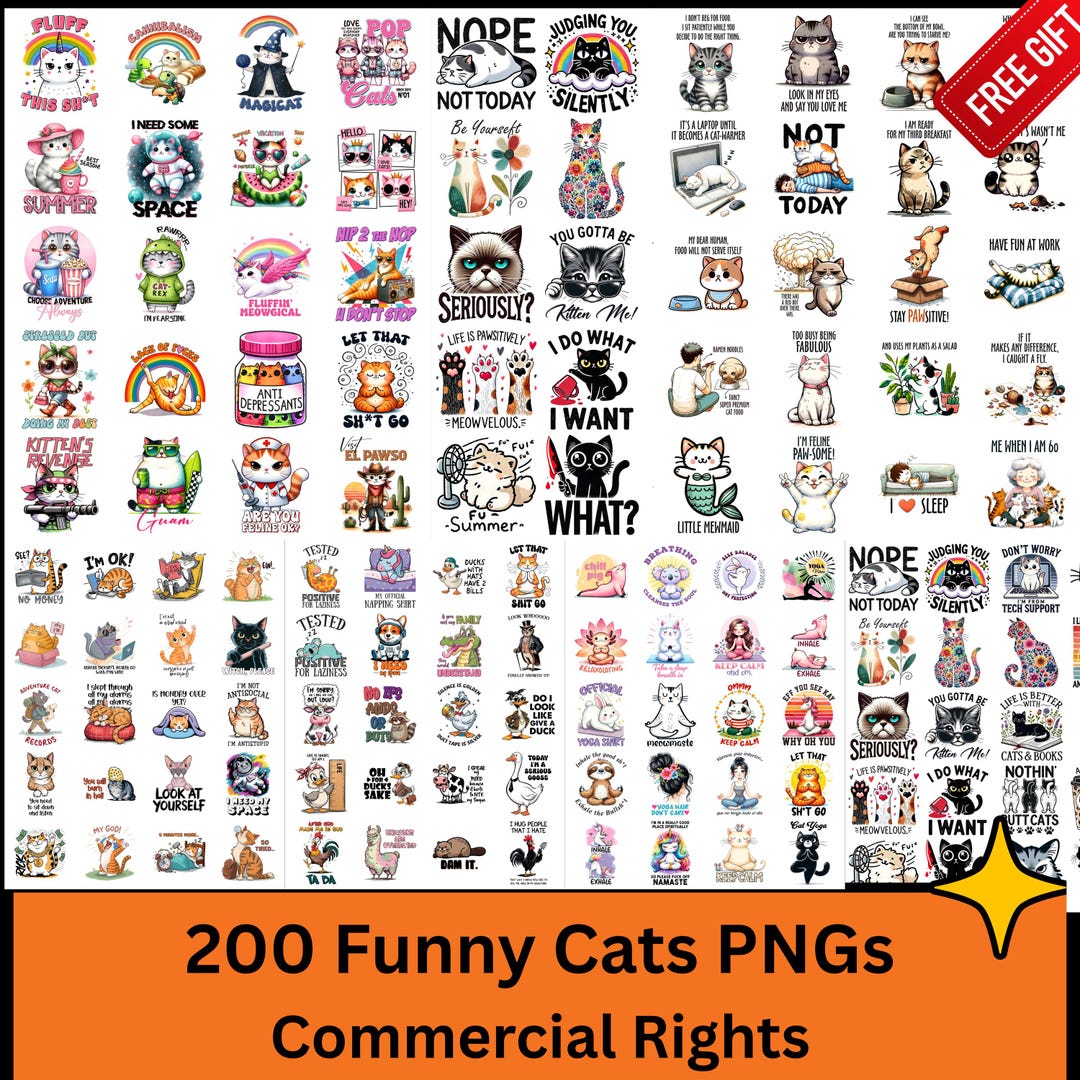 200 Sarcastic Cat PNG Bundle, Funny Cat Lover Graphics (digital ...