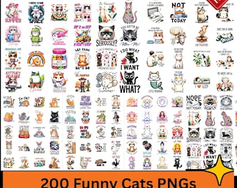 Pacote com 200 imagens PNG de gatos sarcásticos, gráficos divertidos para amantes de gatos (download digital)