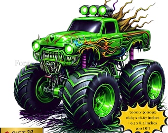 May include: A vibrant green monster truck illustration with large tires, flames, and a menacing front grille. The truck has three bright green lights on top and a tree-like design extending from the back. The image includes text that says "Forge Dominion" and "GIFT Commercial Rights on Print INCLUDED".