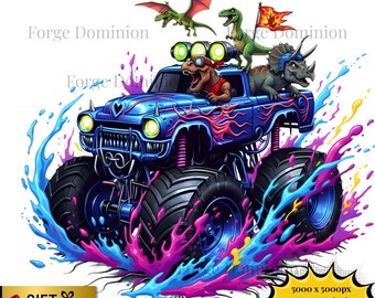 Monster Truck Dinosaurs  PNG – Watercolor Splash Shirt Clipart (Instant Download)