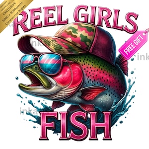 Reel Girls Fische PNG | Lustiges Fischen Design für Frauen | 300 DPI Transparentes PNG | Camo Hut Fisch Clipart | Sofort Download für T-Shirts