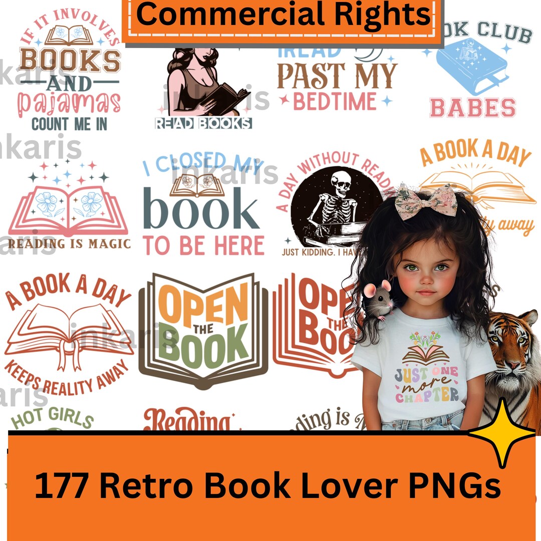 Retro Book Lover PNG Bundle: Reading Quotes Clipart (commercial Use ...