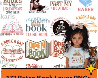 Retro Book Lover PNG Bundle: Reading Quotes Clipart (Commercial Use, Digital Download