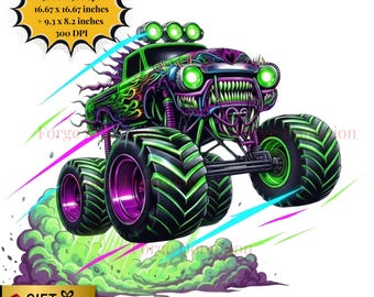 Monster Truck Neon Green PNG – Akvarell Splash Shirt Clipart (Direkt Nedladdning)