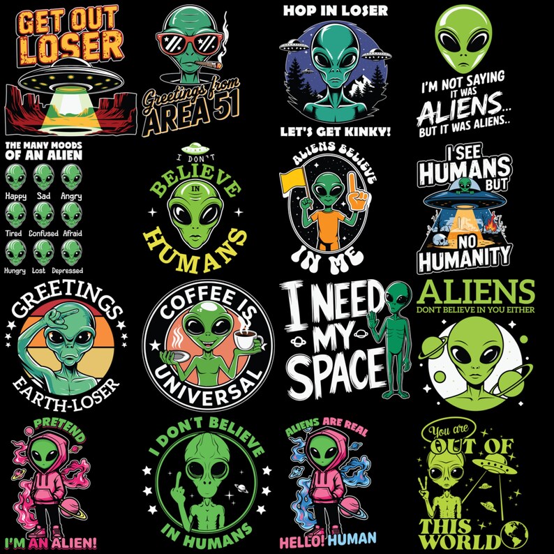 Funny Alien Clipart Bundle: Sarcastic UFO Pngs (commercial Use, Instant ...
