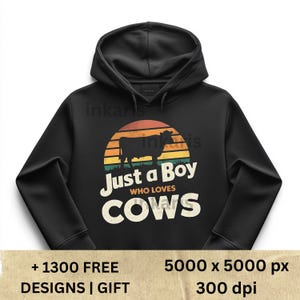 Just a Boy Who Loves Cows PNG | Retro Farm Cow Clipart for Sublimation| Funny Sublimation Design | Kids Shirt Design | Instant