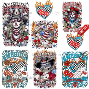 May include: A collection of patriotic graphic designs featuring the text "AMERICA" and "4TH OF JULY". The designs include images of a cowgirl, a skull wearing a cowboy hat, hearts, dice, playing cards, and cherries, all in a vibrant color palette.
