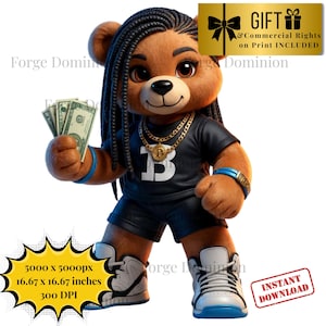 Hip Hop Graffiti Teddy Bear PNG: Swag Bitcoin Art (Commercial Use, 300 DPI)